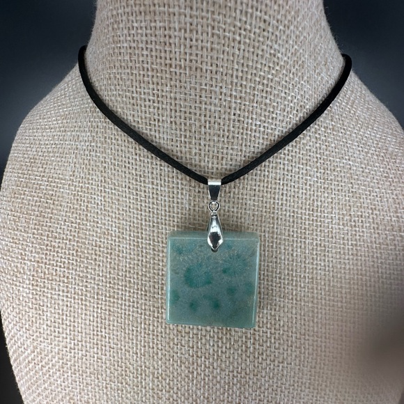 Light Green Coral Fossil Pendant Necklace on Black Satin Rope - Picture 13 of 15